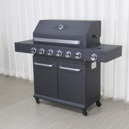 Entry-Level 6-Burner Freestanding Black Gas Grill with Side Burner & Cabinet for Outdoor Barbecue & Cooking