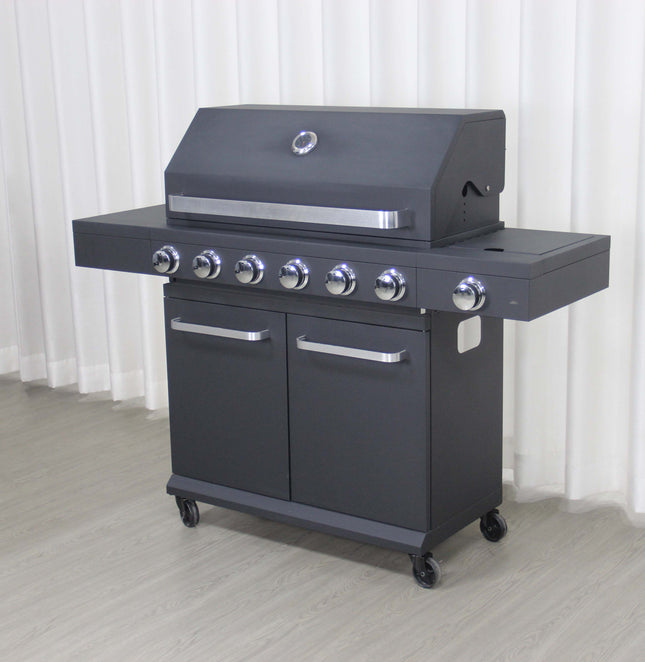 Entry-Level 6-Burner Freestanding Black Gas Grill with Side Burner & Cabinet for Outdoor Barbecue & Cooking